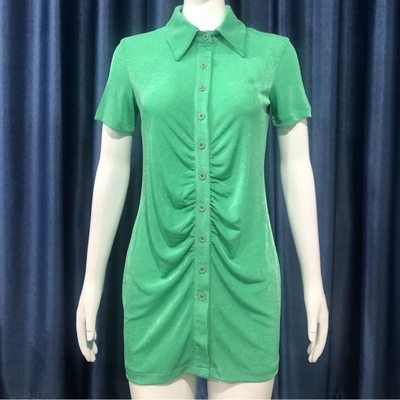 Green Ruched Button Up Dress - Picture 3 of 8